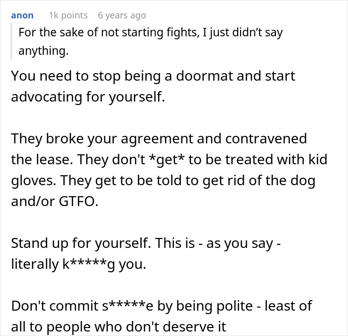 A Reddit thread comment advises someone to defend herself after a roommate put her life at risk, advocating for self-defense.