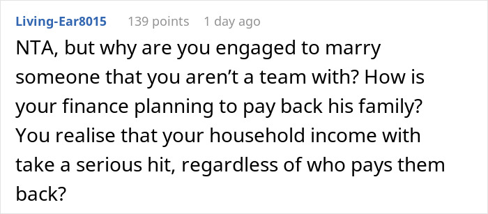 A Reddit comment advising the SAHM about finances and family harassment, highlighting the financial burden of debts.