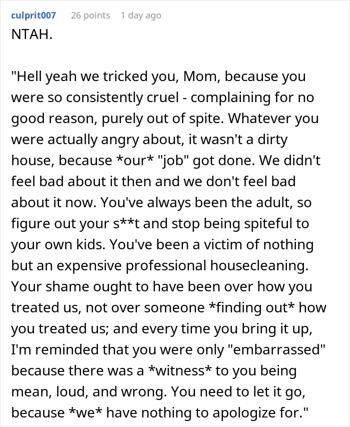 Comment describing kids tricking mom over cleaning criticism with pros Comment describing kids tricking mom over cleaning criticism with pros