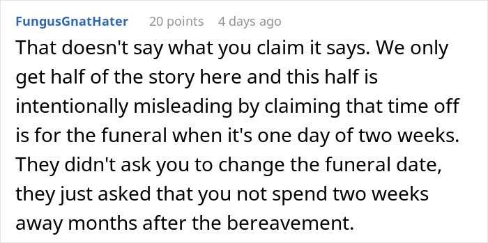 Comment claiming misleading story about funeral time off and employer's request