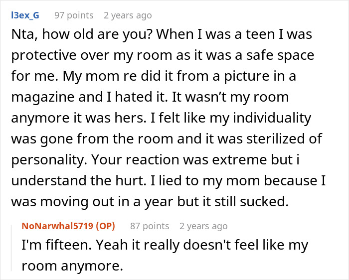 A reddit comment describes a teen's reaction to their redecorated room, feeling their personality gone. Sibling's room redecoration.