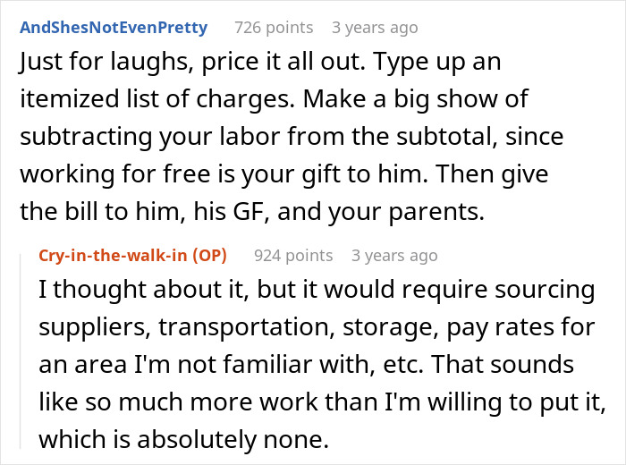 Reddit comments discussing charging for brother wedding services like food and money, exploring if it's fair.
