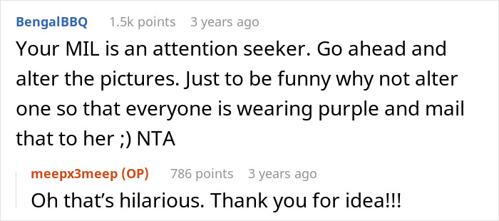 Comment suggesting to alter pictures so everyone wears purple at wedding Comment suggesting to alter pictures so everyone wears purple at wedding