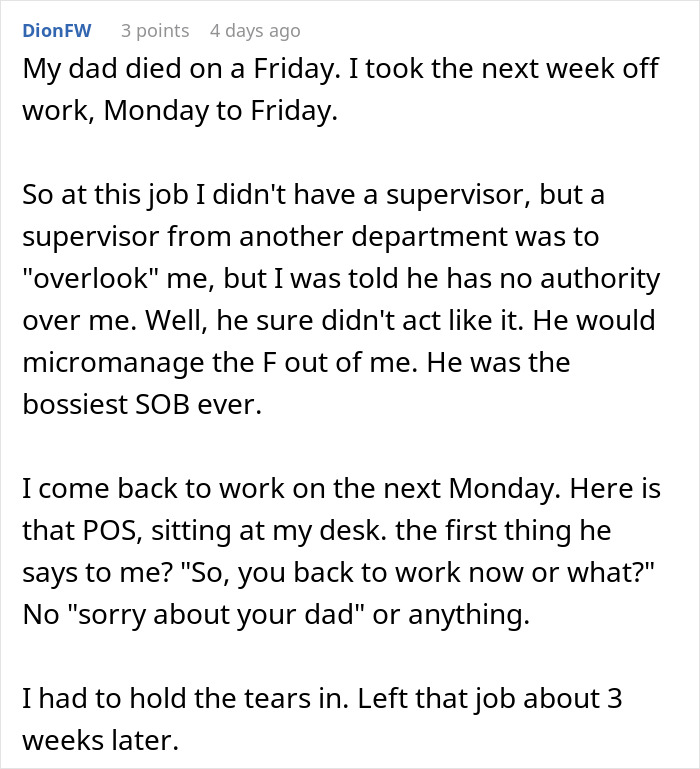 Employee describes unsupportive supervisor after their father's d***h