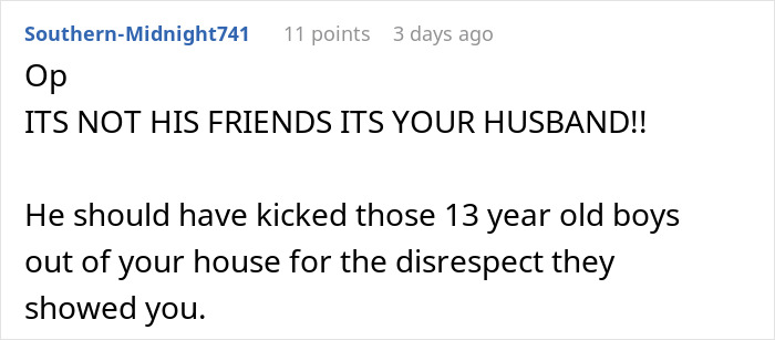 Text comment stressing husband's responsibility over friends causing disrespect in marriage