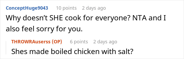 Questioning why sister-in-law doesn't cook and sympathy expressed