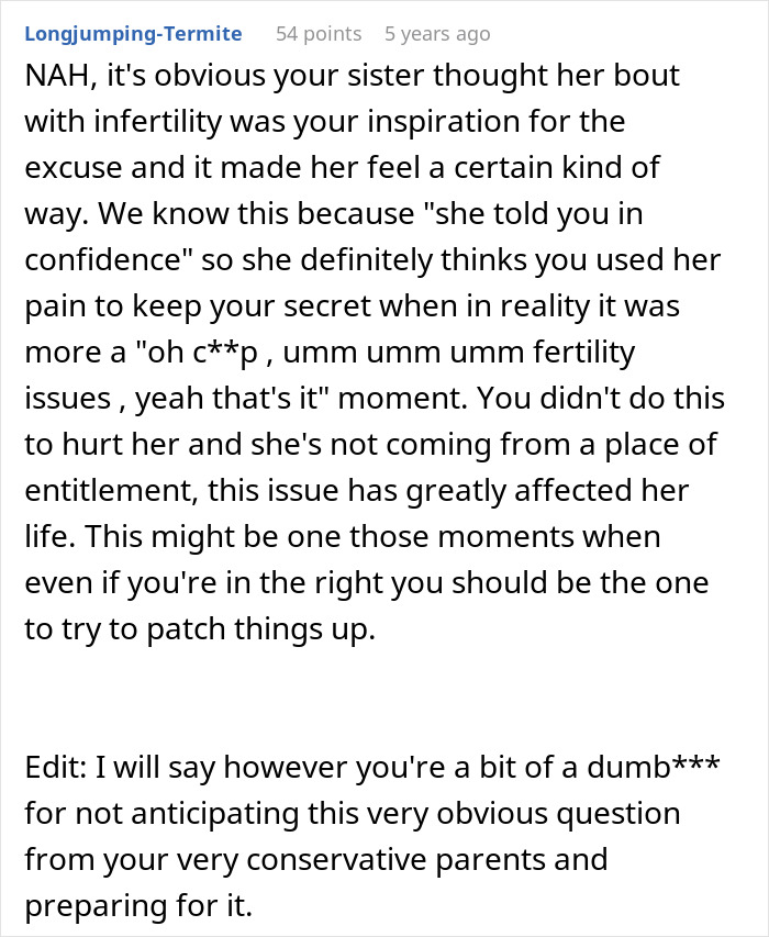 Comment explaining sister's feelings about fertility issues as inspiration for adoption excuse Comment explaining sister's feelings about fertility issues as inspiration for adoption excuse
