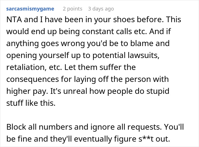 A Reddit comment advises a developer, a budget burden, to ignore former employers after system broke without him.