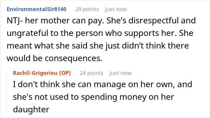 A social media screenshot showing user comments, including discussions about a father taking away his daughter's funds.