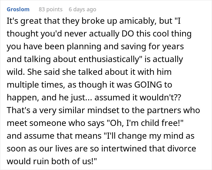 A screenshot of Reddit comments discussing a woman's dream trip and the impossible choice after 5 years of saving up.