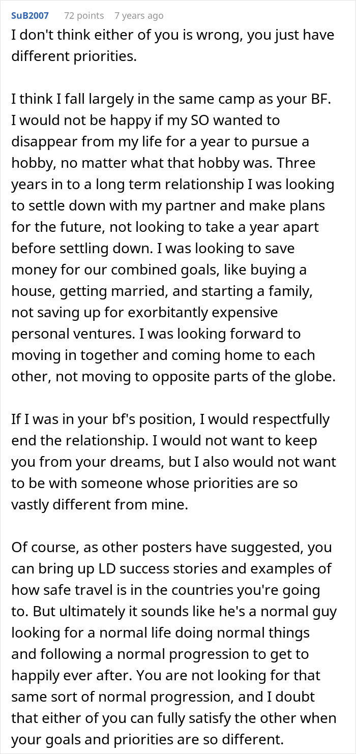 Text from an online forum post about a woman's dream trip and the impossible choice she faces after saving up.
