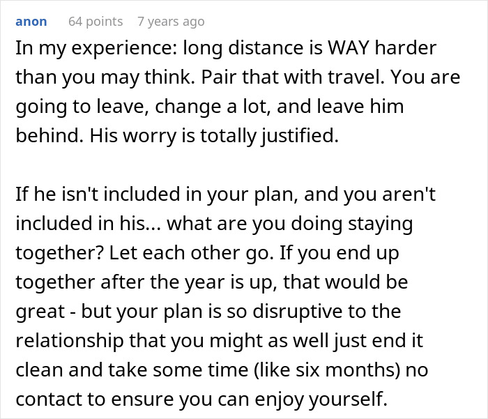 An online comment about a woman's dream trip and the impossible choice it causes regarding a long-distance relationship.