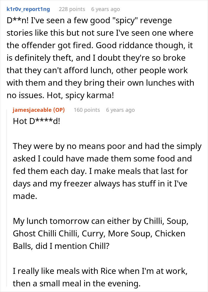 Reddit post discussing an Office Food Thief stealing ghost pepper chili, which led to their firing. Reddit post discussing an Office Food Thief stealing ghost pepper chili, which led to their firing.