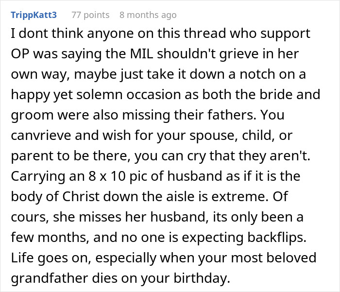 Comment about grief, mourning, and appropriateness at bride's wedding