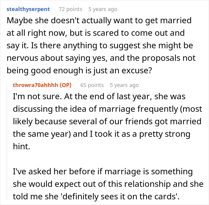 Text discussing fears and uncertainty about marriage and proposals