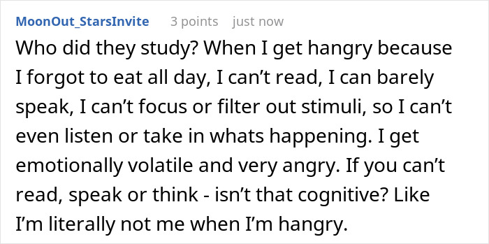 Comment sharing personal experience of cognitive effects when hungry Comment sharing personal experience of cognitive effects when hungry