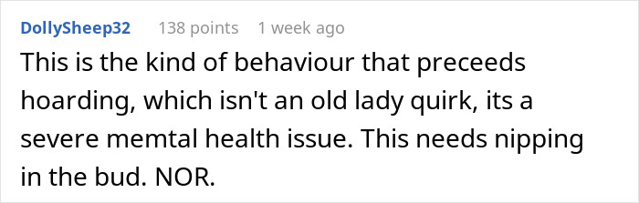 Comment warning about hoarding as severe mental health issue related to MIL Comment warning about hoarding as severe mental health issue related to MIL