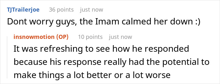 Reddit comments discussing a wife becomes Muslim overnight. The Imam's response calms her down, preventing things from getting worse.