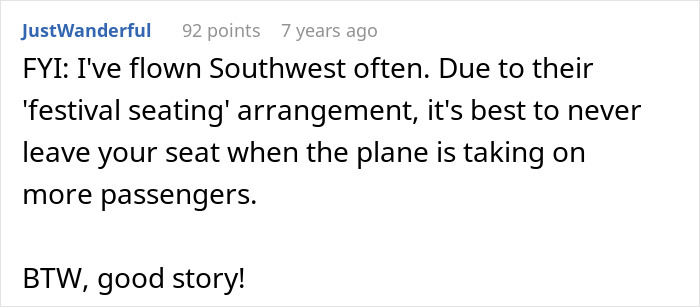 Comment about Southwest Airline festival seating and advice to stay seated during boarding