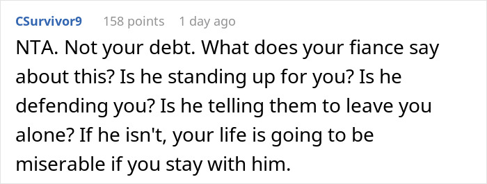 A Reddit comment advising a SAHM about fianc&eacute;'s family harassing her for his debts if he doesn't defend her.