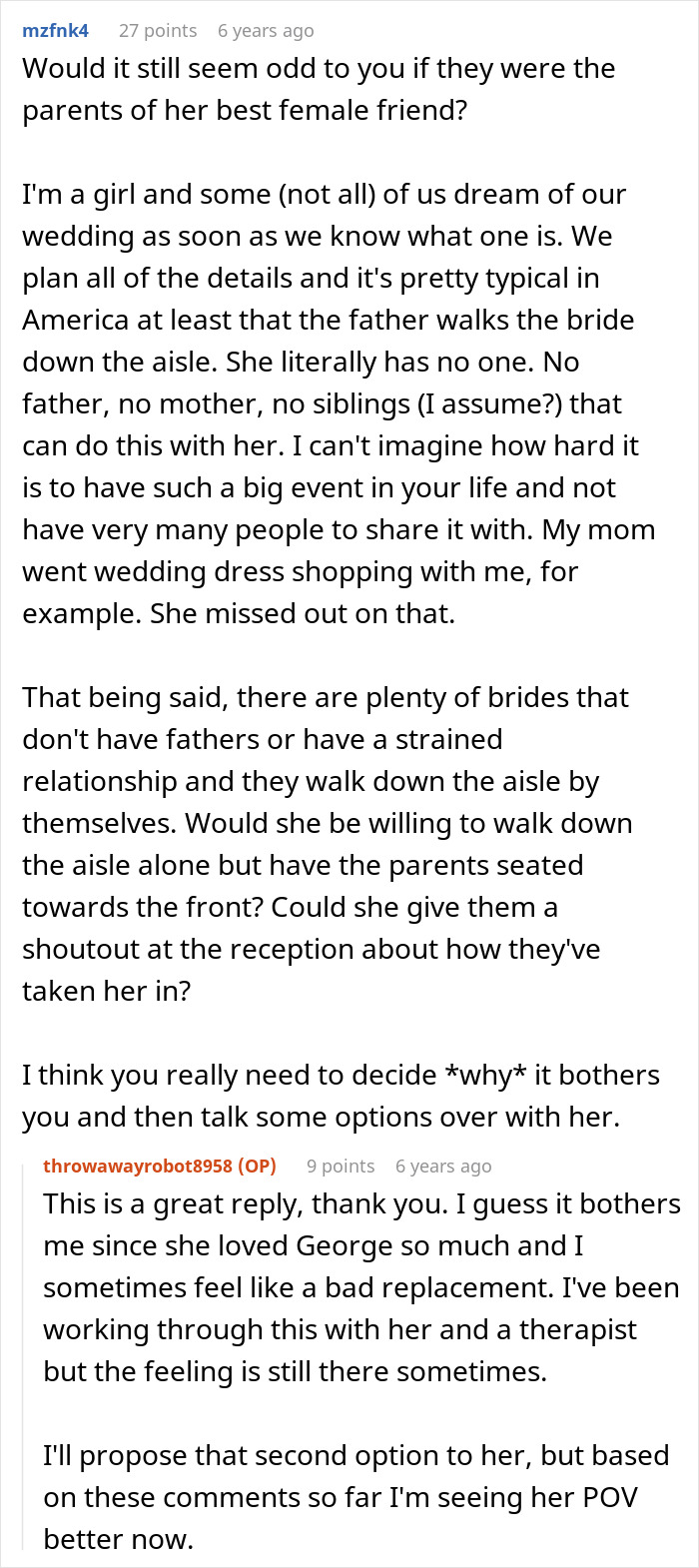 Response discussing feelings about parents of best friend walking down the aisle in place of family.
