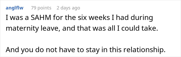 Comment sharing experience as a SAHM and advising to leave oppressive relationship