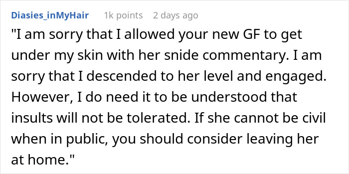 Comment about not tolerating insults from new girlfriend at convention Comment about not tolerating insults from new girlfriend at convention