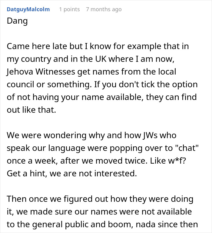 Example of Jehovah Witnesses obtaining names from local council and methods to prevent tracking