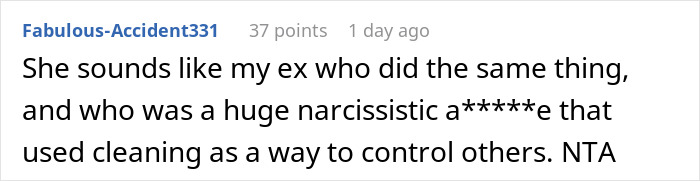 Comment comparing cleaning criticism to controlling narcissistic behavior Comment comparing cleaning criticism to controlling narcissistic behavior