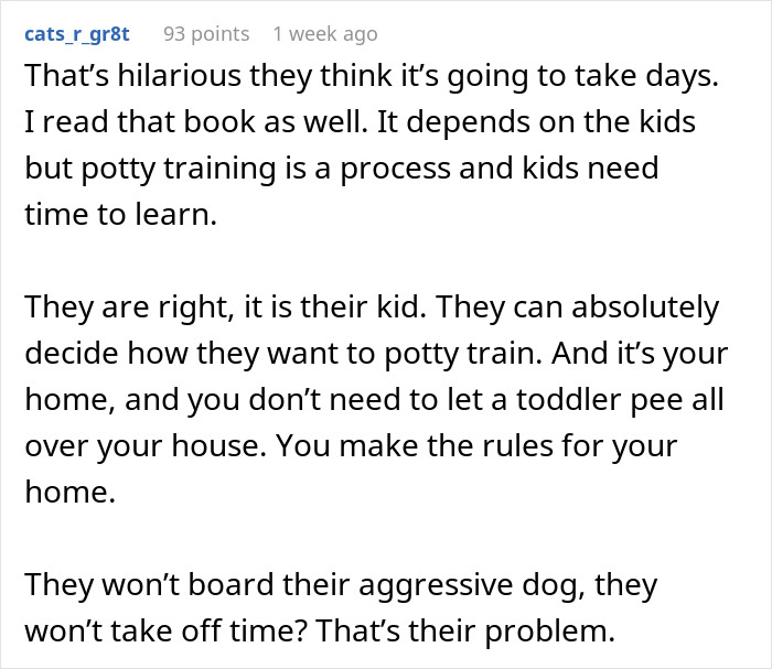 A Reddit comment discussing entitled parents and nanny potty training for a toddler, highlighting rules for one's own home.