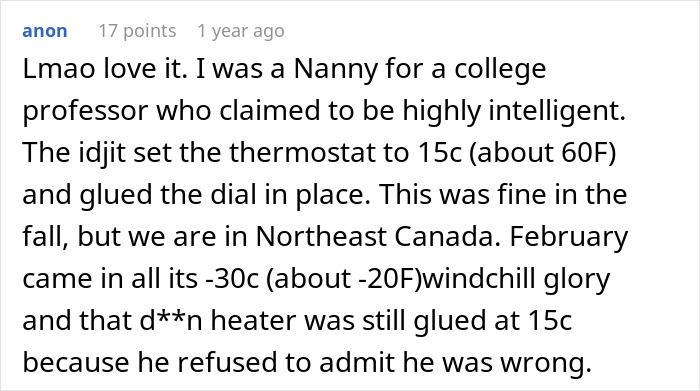 Comments about thermostat struggles and temperature control to prove a point to stepdad