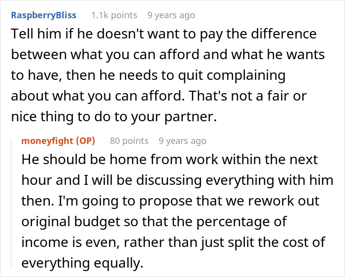 Online comments discussing financial fairness in relationship budgets Online comments discussing financial fairness in relationship budgets
