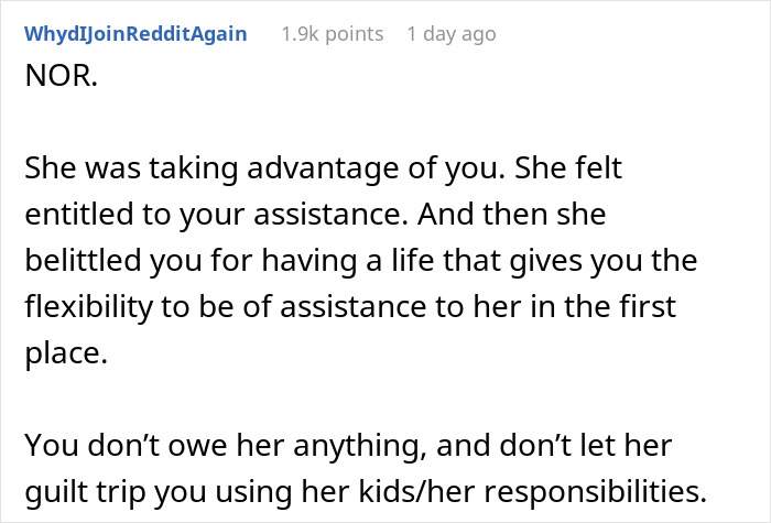 Reddit comment about sister taking advantage and entitlement with free babysitting Reddit comment about sister taking advantage and entitlement with free babysitting