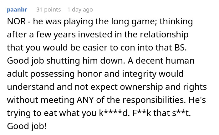 Comment praising shutting down fianc&eacute;'s unfair financial expectations