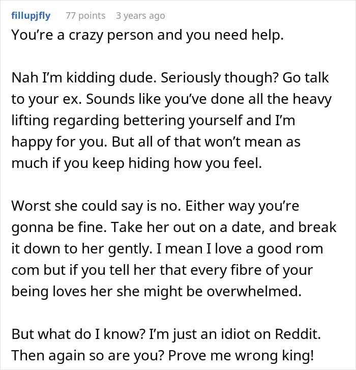 A Reddit comment giving advice to a man who regrets leaving his wife and kids, encouraging him to talk to his ex.