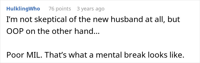 Reddit comment skeptical of OOP and sympathizing with MIL's mental break