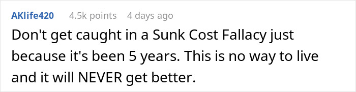 A Reddit comment advising against Sunk Cost Fallacy, fitting for a story about a wife's honeymoon behavior.