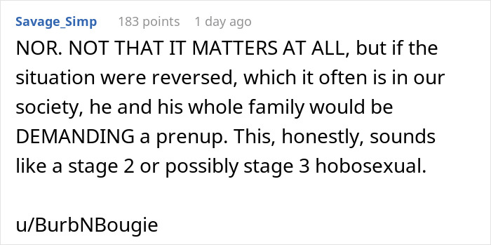 Comment criticizing fianc&eacute; with 2 kids and debt demanding prenup in relationship decision