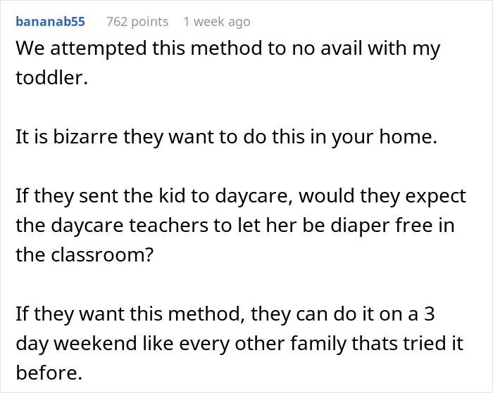 A Reddit comment debating if a nanny should potty train a toddler diaper-free, questioning entitled parents' requests.