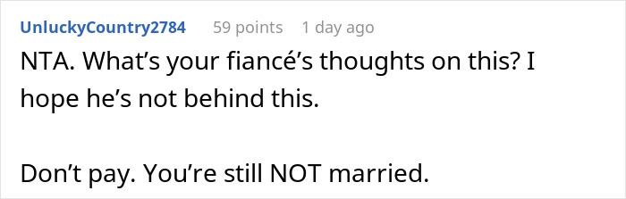 A comment advising against paying a fianc&eacute;'s debts, saying you're still NOT married, relevant for SAHM finances.