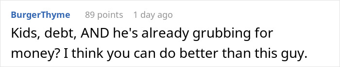 Comment warning about fianc&eacute;'s debt and kids, advising woman to do better