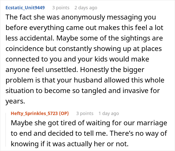 Discussion of mistress messaging and invasive behavior involving husband
