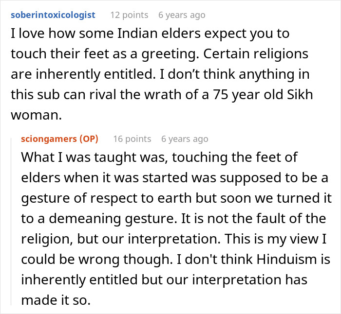 A screenshot of two Reddit comments discussing Indian elders and religious customs. The text mentions Karen Shames and claims he ruined her religion.