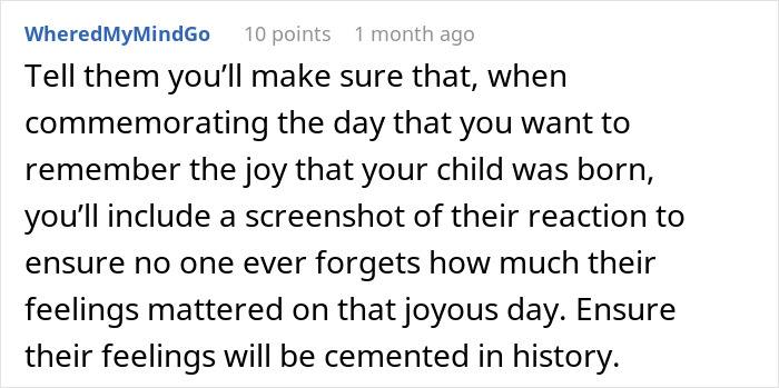A Reddit comment suggesting a screenshot of parents furious at their daughter giving birth to remember their reaction.