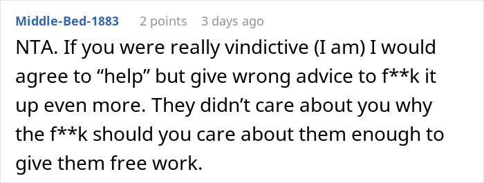 An online comment, Middle-Bed-1883, stating NTA for a developer who was a budget burden, advocating for not giving free work.