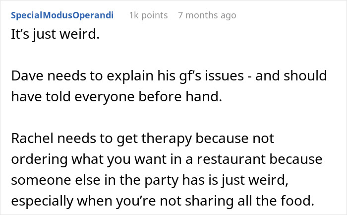 Opinion on the odd behavior of a girlfriend at a restaurant