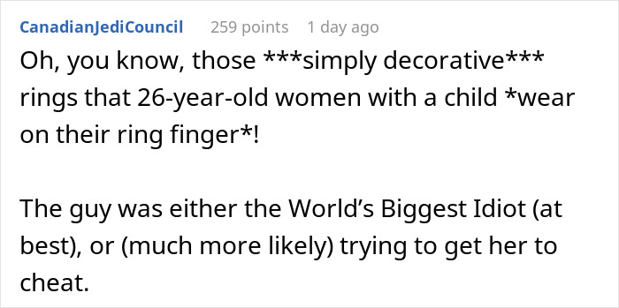 A Reddit comment about a man thinking a coworker lunch is a date, despite her wedding ring.