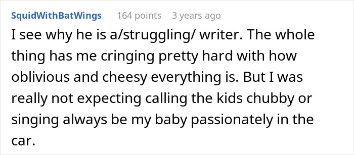 Reddit comment discussing a struggling writer, finding himself, and leaving his wife and kids; expressing regret.