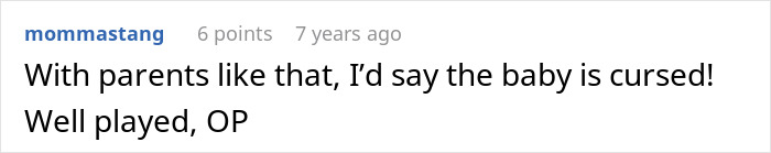 Comment stating baby is cursed due to parents' behavior