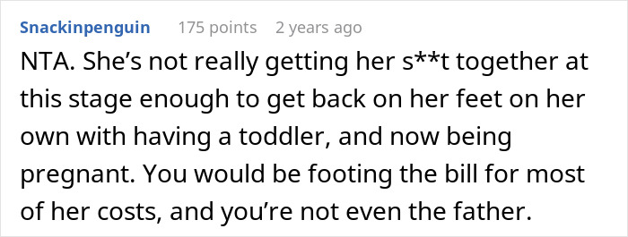 Comment explaining sister's financial struggles and pregnancy impacting rent and childcare help